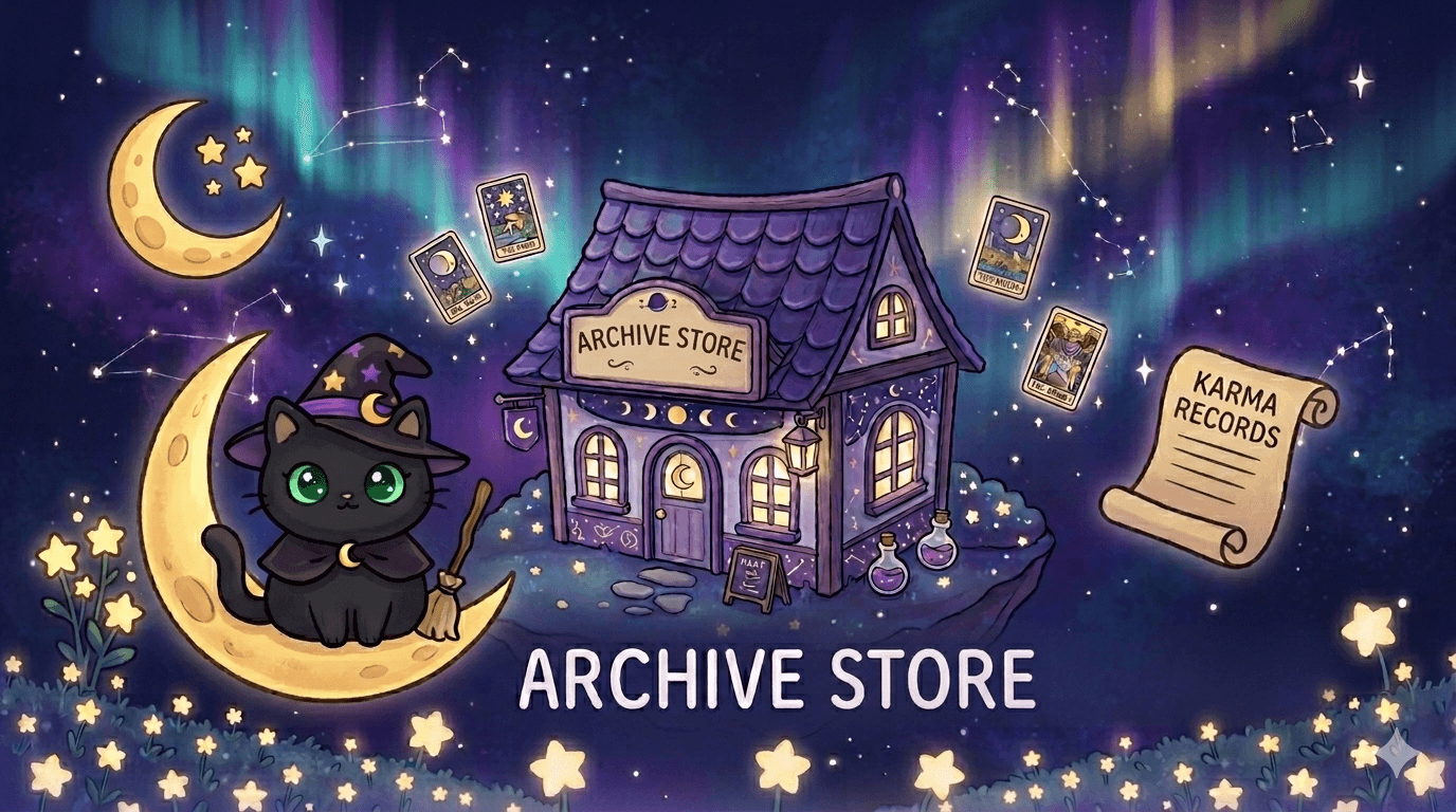 별과 오로라 아래 떠 있는 전생상점과 마녀 고양이 일러스트